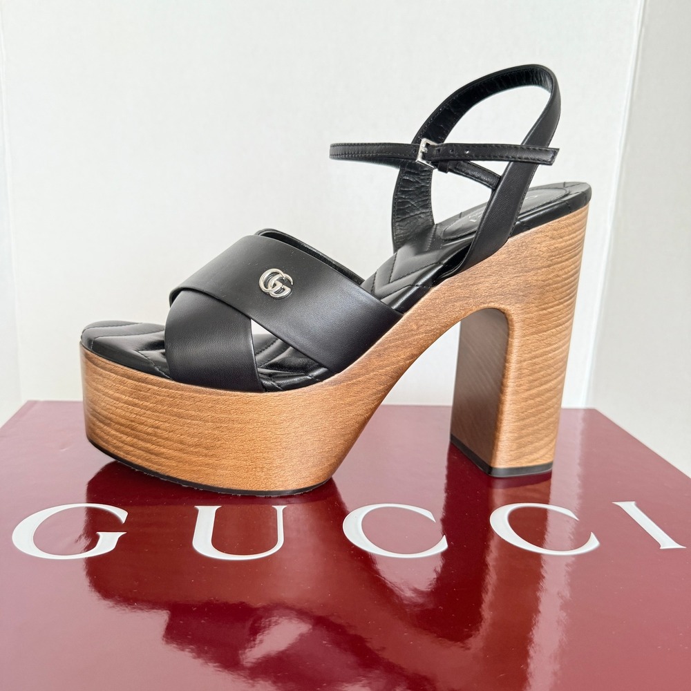 Gucci Nappa Charlotte Black Leather Wood Platform Block Heel Sandals 835313 sz40 - Picture 2 of 16